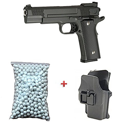 Galaxy Pack Geschenk Softair Pistole M1911 M945 Metall schwarz mit Holster 6 mm 0,5 Joule Federdruck 600 Kugeln Offert. – G20 +