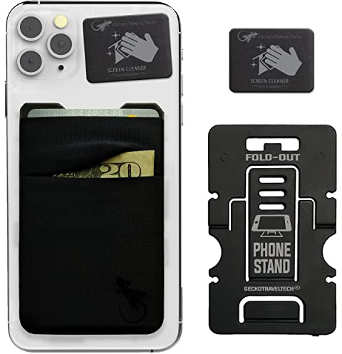 Cartera de teléfono Gecko – Soporte para teléfono – Tarjetero Adhesivo para móvil – Dos Bolsillos – Bolsillo para teléfono de Lycra – Portador de Tarjetas de crédito y Efectivo – (Negro Negro)