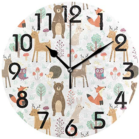 Naanle Lovely Cute Cartoon Forest Animal Deer Fox Bear Owl Pattern Round Wall Clock Decorative, 9.5 Inch Battery Operated Quartz Analog Quiet Desk Clock for Home,Office,School