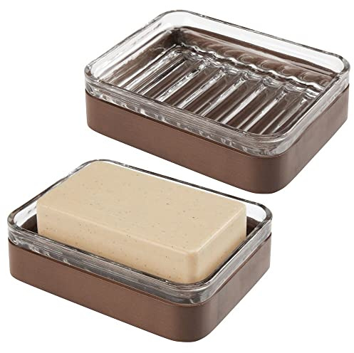 mDesign 2er-Set Seifenschale aus Bambus und Glas – praktischer und umweltfreundlicher Seifenkorb – Seifenablage für das Badezimmer oder die Küche – durchsichtig/braun
