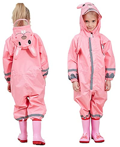 FILOWA Raincoat Kids Hooded All in One Waterproof Rainsuit Girls Puddle Suit Pink Rainwear Lightweight Portable Breathable PVC Hat Brim Zipper Muddy Suit for Childs 3-5 Years