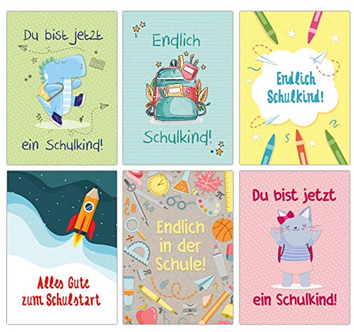 Papierdrachen 12 Glückwunschkarten zur Einschulung - Motiv Bunt mit Tieren - Geschenk und Grüße für Schulanfänger - Buntes Postkarten Set für Kinder zum Schulanfang - DIN A6