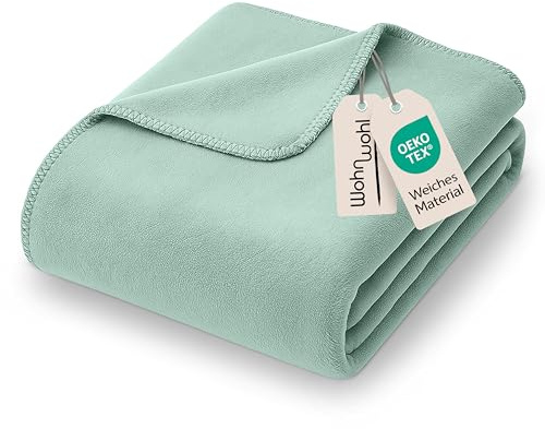 WOHNWOHL® Kuscheldecke (150x200cm) • Weiche Tagesdecke • Sofadecke • Wohndecke • Schlafdecke • Oeko-Tex zertifizierte Baumwolldecke • Samtig weiche Decke • Farbe: Eukalyptus