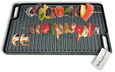 Vintage Gourmet ® Pre-Seasoned Cast Iron Reversible Griddle 46 X 26cm Plain I Ribbed, Versatile Cookware Perfect Grill Marks & Flavour, Panini, Steaks The Healthy Choice
