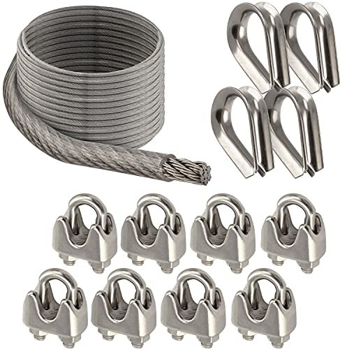 OPIOL QUALITY® 50m Drahtseil Transparent ummantelt 4mm, 8x Drahtseilklemme ähnl. DIN 741 4mm, 4x Kausche 4mm ähnl. DIN 6899 Sonnensegel Set Edelstahl A4 Hanging Kit Klemme Stahlseil