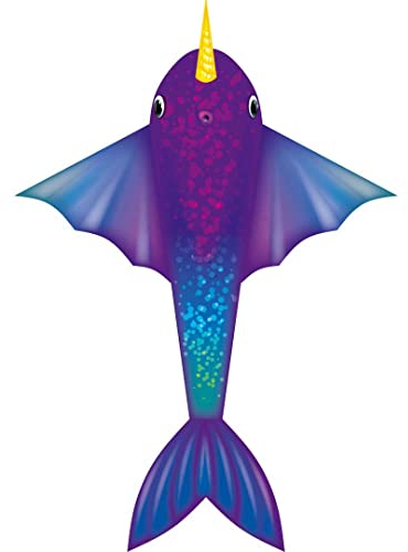 HQ Design - Flying Creatures, Kinderdrachen Flugdrachen Einleiner Drachen zum steigen Lassen, wenig Wind ab 5 Jahren, Polyesterschnur auf Spule oder Griff (Narwhal Kite)