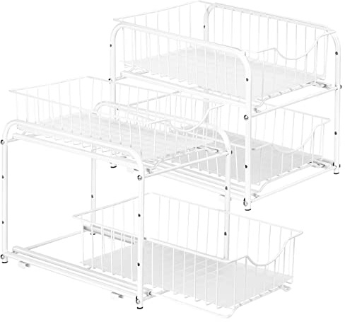 Unterwaschbecken-Organizer mit Schubladenkorb, 2er-Pack, Schiebeschrank-Organizer mit Metall, 2 Ebenen, Unterwaschbecken-Aufbewahrung, Unterwaschbecken-Schrank-Organizer, Weiß