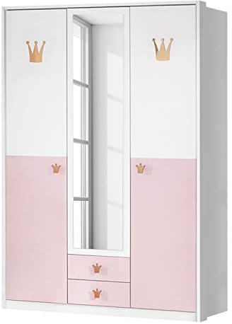Casa Vital Kleiderschrank Cindy 2 B18484, weiß und rosa, 139x58x199 cm, Schrank mit Einlegeböden, Schubladen, Kleiderstangen und Spiegel an den Türen