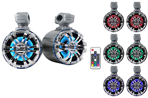Rockville WB50KLS (Pair) Silver 5.25 250W Stainless Steel Marine Wakeboard Tower Speakers 360° Swivel Mount w/LED Lights Waterproof for Boats & ATVs