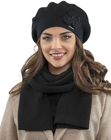 VIVISENCE Baskenmütze Damen Elegant Blume Warm Herbst Winter Accessoire 7006