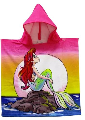 ILS I LOVE SHOPPING Poncho mit Kapuze Strandtuch Meer und Pool Bademantel Mikrofaser 55X90cm Schnell trocknend, ultraweich, Ariel Meerjungfrau, 2-4 Jahre