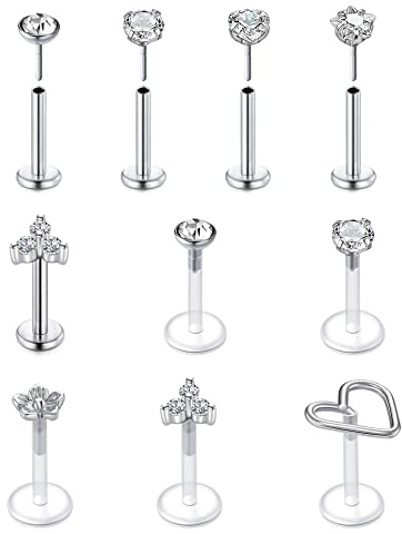 VFUN 16G Tragus Earrings Mixed Styles Bioflex Stainless Steel Lip Rings Labret Piercing Clear Helix Piercing Threadless Lip Stud Rings 10PCS 8MM