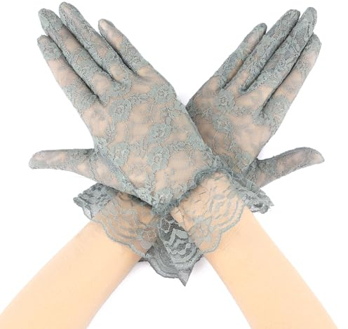 Cytokio Spitzenhandschuhe für Damen, Teeparty & Hochzeit, Brautmode, Oper & Halloween, Cosplay, kurze Handschuhe, 1 Paar: grau blau, 1 Paar