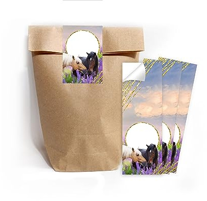 12 Geschenktüten (natur) + 12 Aufkleber zwei Pferde Geschenktüten für Mitgebsel Gastgeschenk einpacken beim Kindergeburtstag Mädchengeburtstag