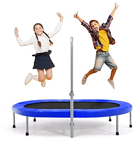 KOMFOTTEU Trampolín de Fitness para 2 Personas, Cama Elástica con Mngo Ajustable en 5 Niveles, Mini Trampolín Plegable con Carga de 150 kg, Cubierta Acolchada de Seguridad, para Niños y Adultos