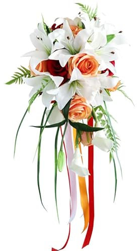 HXSCOO Elfenbein-Orange-Lilien-Hochzeitssträuße, Accessoires, Hochzeits-Brautjungfern-Blumenstrauß