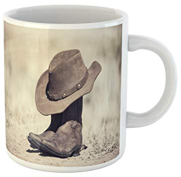 874 Tazas Botas De Vaquero Marrón Y Sombrero Antiguo Paisaje Campestre De Procesamiento Porcelana Taza De Cerámica Divertido Tazas De Té 330Ml Para Abuela,Café Y Té,Mujer