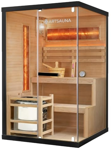 Artsauna Saunakabine Vantaa 120 mit Salzstein - Indoor Sauna 2 Personen - 3,5k W Ofen, Glasfront, LED Licht, Thermometer & Sanduhr - Komplett Set