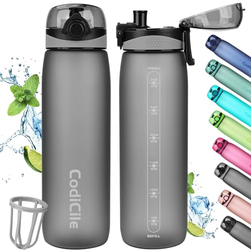 CodiCile Trinkflasche 1L, Wasserflasche 1L BPA-Frei, Auslaufsichere 1 Liter Trinkflasche, Tritan Sportflasche mit Filter für Fitness,Laufen, Schule, im Freien grau