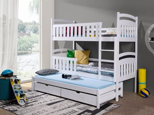 KEF Katrin Etagenbett Kinder 80x160 cm - Etagenbett 3 Personen - Holz Kinderbett - für DREI Kinder - mit Schubladen - Ausziehbares Drittes Bett - ohne Matratze - Weiß - Leiter Rechts