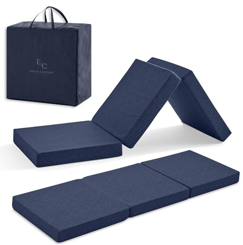 Klappmatratze für Wohnmobile, 65 x 195 cm, HD-Memoryschaum, faltbar, sehr vielseitig, atmungsaktiv, waschbarer Bezug, Höhe 10 cm, Blau. Mit Tasche und Kissen.