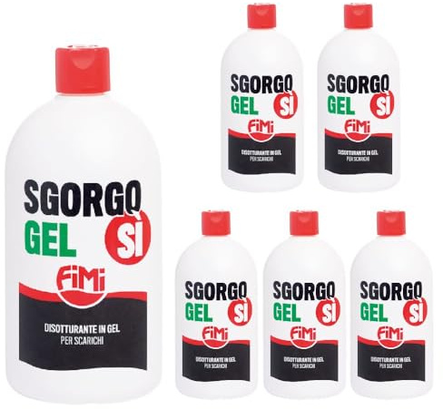 Sgorgosì Gel 6 Flaconi Disgorgante Disotturante Scarichi Potente 1 Litro Fimi Per Lavandini Docce Vasca da Bagno Water