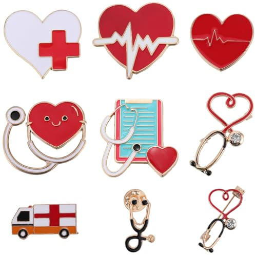 SUNNYCLUE 1 caja 9 piezas Esmalte Médico Pines Enfermera Broche Conjunto Aleación Lindo Corazón Estetoscopio Enfermera Temass Broche Insignias Seguridad Solapa Pin Broches Accesorios A Granel para Muj