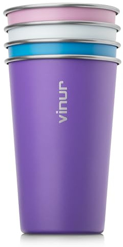 VINUR 16 oz Stainless Steel Cups 4 Pack Pint Tumbler Stackable Metal Drinking Glasses for Travel, Camping, Outdoors (Purple Pink-Sky Blue-Purple-Baby Blue)
