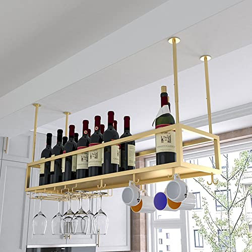 Weinregal an der Decke mit Glashalter, goldenes hängendes Weinglasregal, höhenverstellbarer Weinschrank aus Eisen (11,8-23,6 Zoll), wandmontierter Weinflaschenhalter für die Küche im Bar-Café Lucky