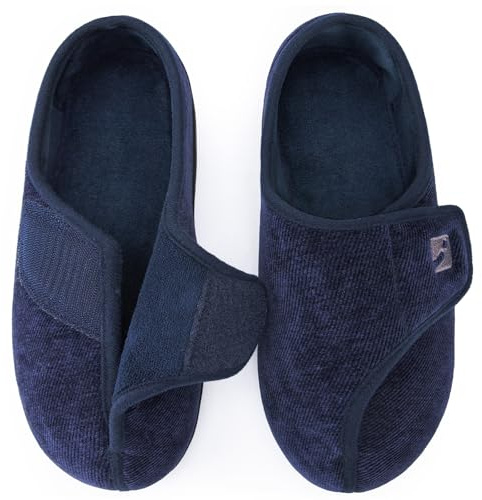 HomeTop Men's Adjustable Chenille Slippers Wide Fit Soft Comfy Non Slip Indoor House Shoes Navy Blue, 11 UK,12 US