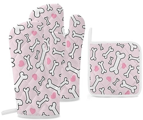 Bone Love - Guanti da forno e presine a forma di cuore, 3 pezzi, guanti da forno per cani e cuscinetti caldi, per cucina, barbecue