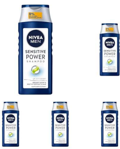 NIVEA MEN Sensitive Power Shampoo, beruhigendes Männer Shampoo mit Hanfsamen-Extrakt für die tägliche Anwendung, Haarshampoo für juckende und irritierte Kopfhaut (250 ml) (Packung mit 5)