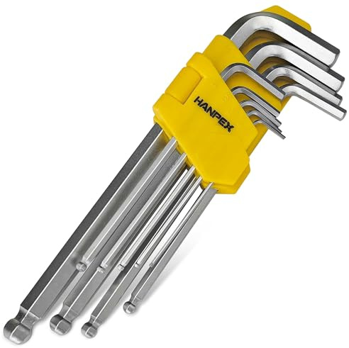 Hanpex Long Arm Hex Key Allen Wrench Set with Ball End, Ball-End Hex Allen Key Set Chrome Vanadium Steel(Cr-V), Tamperproof TORX L- Key Set (9Pc Metric)