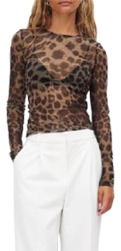 FeMereina Women Sheer Leopard Print Tops Slim Fitted Long Sleeve See Through Mesh Shirts Going Out Streetwear (Dark Brown, M)