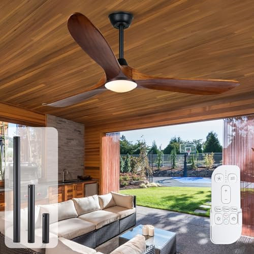 52 Walnut Wood Ceiling Fan with Lamp Rustic Farmhouse Indoor Outdoor Fan Reversible DC Motor 3 Propeller Blades Large Fan for Living Room Porch Bedroom