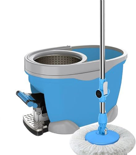 JUNYFFF Juego De Cubo De Fregona para Suelos Giratoria, con Pedal Mango Telescópico 100-130 Cm, con 3 Cabezales De Microfibra Súper Absorbentes Fregona Giratoria 360º para Limpieza del Hogar,Azul