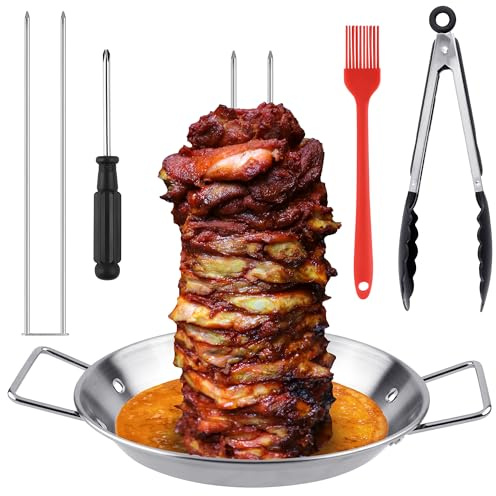 Elcoho Al Pastor Skewer for Grill BBQ Vertical Skewer Pan with Spikes Brush Tongs Screwdriver Al Pastor Rotating Grill Vertical Rotisserie for Turkey Tacos Al Pastor Shawarma Chicken on Smoker Oven