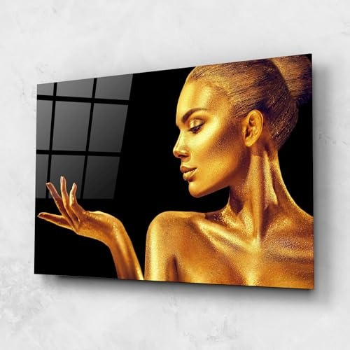 ARTHUB® Glasbild 80x120 cm, 4mm ESG | Moderne Wandbilder aus Glas für Wohnzimmer & Schlafzimmer, Wanddekoration, Wohnkultur, Frauen, Golden Glamour
