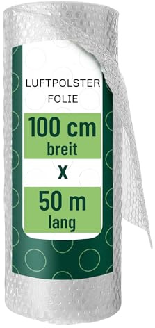 Luftpolsterfolie 100 cm x 50 m – Noppenfolie zum Verpacken & Versenden – Schutz für Glas, Porzellan & zerbrechliche Gegenstände – transparente, stoßdämpfende Polsterfolie