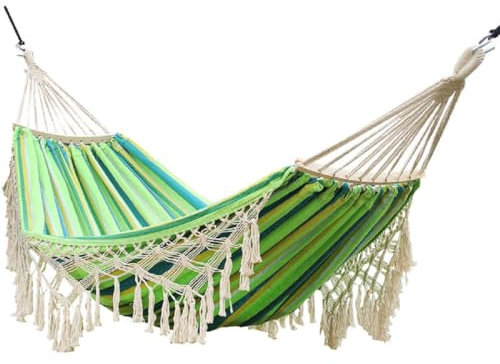 Durable Fabric Hammock with Spreader Bars for Outdoor Camping 650 Lb Load Capacity Metal Knot Carrying Bag Ideal for Backyard and Garden