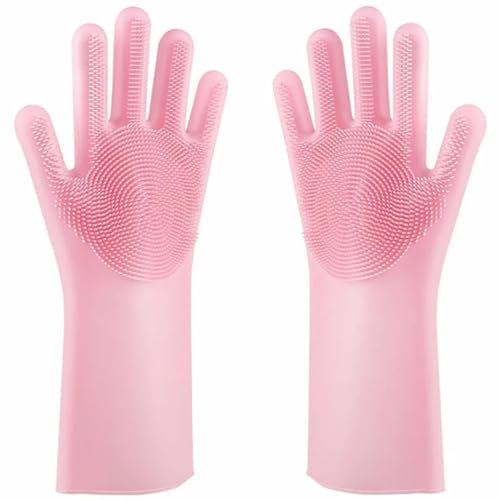 PUYUNA Rubber Gloves,Rubber Gloves Dishwashing Cleaning Gloves Magic Silicone Rubber Brush Gloves Reusable Scrubber Gloves for Household Kitchen Cleaning Pet Cars Dishwashing Gloves(Pink)(Pink)