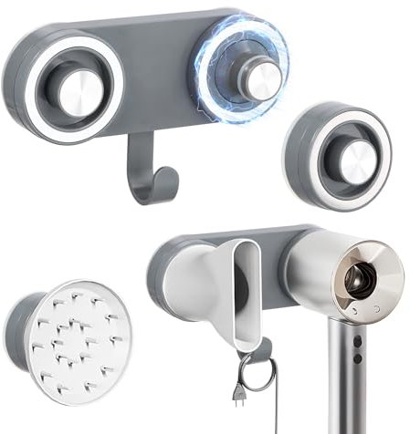 Mapille Soporte Secador de Pelo Pared, Soporte para Secador de Pelo sin Taladrar para Todos Magnético Alta Velocidad Secador de Cabello con Gancho Organizador de Cables y Soporte Boquillas