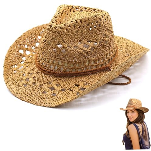 Hemore Straw Cowboy Hats for Women, Woven Hollow Cowboy Hat with Adjustable Chin Strap, Sun Protection Cowgirl Hat for Beach Travel