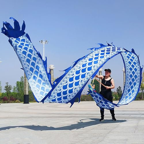 EXCLURA Jongliertücher Blau-weißer Drachenpoi 6 8 10 M, Seidenartiger Drachentanz-Bandstreamer, Schleudernder, Sich Drehender und Schüttelnder Poi, Traditionelles Drachen-Bühnenrequisite(8m(26.2ft))