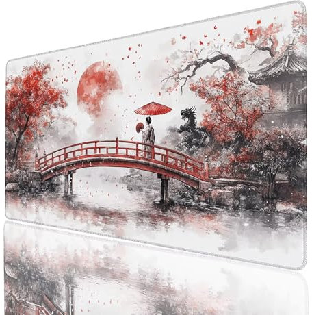 Tapis de Souris XXL 1000x500x3mm, Grand Tapis Bureau Pont, Bords Cousus Antidérapant et Imperméable, Geisha Mouse Pad Compatible Clavier sans Fil et Souris sans Fil, Bureau Gaming Accessoire 7140-GYL