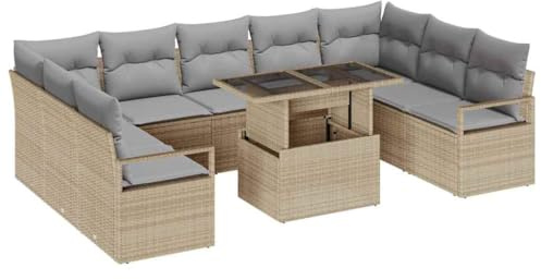 vidaXL Trädgårdsoffset med kudde 10 pcs beige och ljusgrå konstrotting, Modern trädgårdsoffor, rektangulär design, modulärt sittgrupp, hållbart och UV-resistent, perfekt för terrass