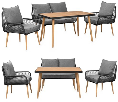 Swing&Harmonie® Gartenmöbel Lounge-Set „Sienna“ – Sitzgruppe mit Tisch, Sofa, Sesseln & Stühlen – wetterfest – Seilgeflecht – WPC-Tischplatte – Outdoor Essgruppe (anthrazit/Holz, 4 Personen)