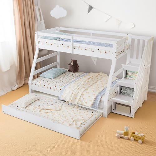 Litera Infantil con Cama Nido 90x190 cm + Cama 90/120x200 cm | Escalera con Armario Integrado | Barandillas de Seguridad 360° | Combinación Pino y MDF | Color Blanco