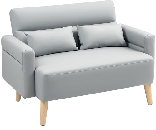 HOMCOM Divano a 2 posti rivestito in similpelle divano da soggiorno da 117 cm con braccioli imbottiti spessi schienale a costine e gambe in legno per camera da letto soggiorno grigio