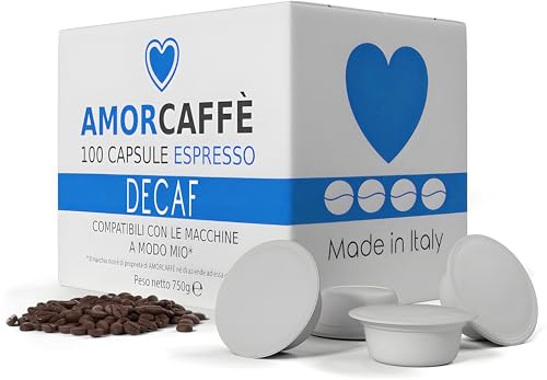 AMORCAFFÈ 100 Decaffeinated Compostable Coffee Capsules Pods Compatible with Lavazza A Modo Mio, Decaf, Plastic free